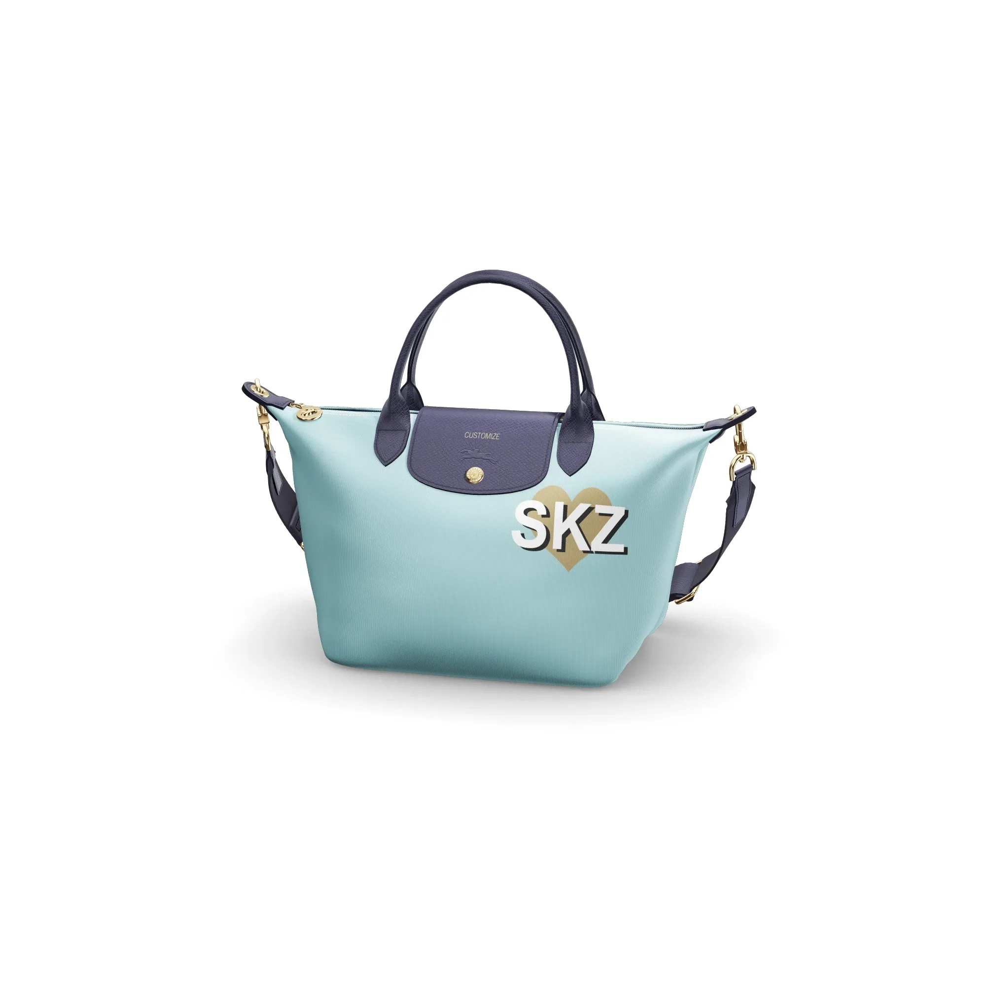 3D bag Longchamp Le Pliage with ciel background and small heart
