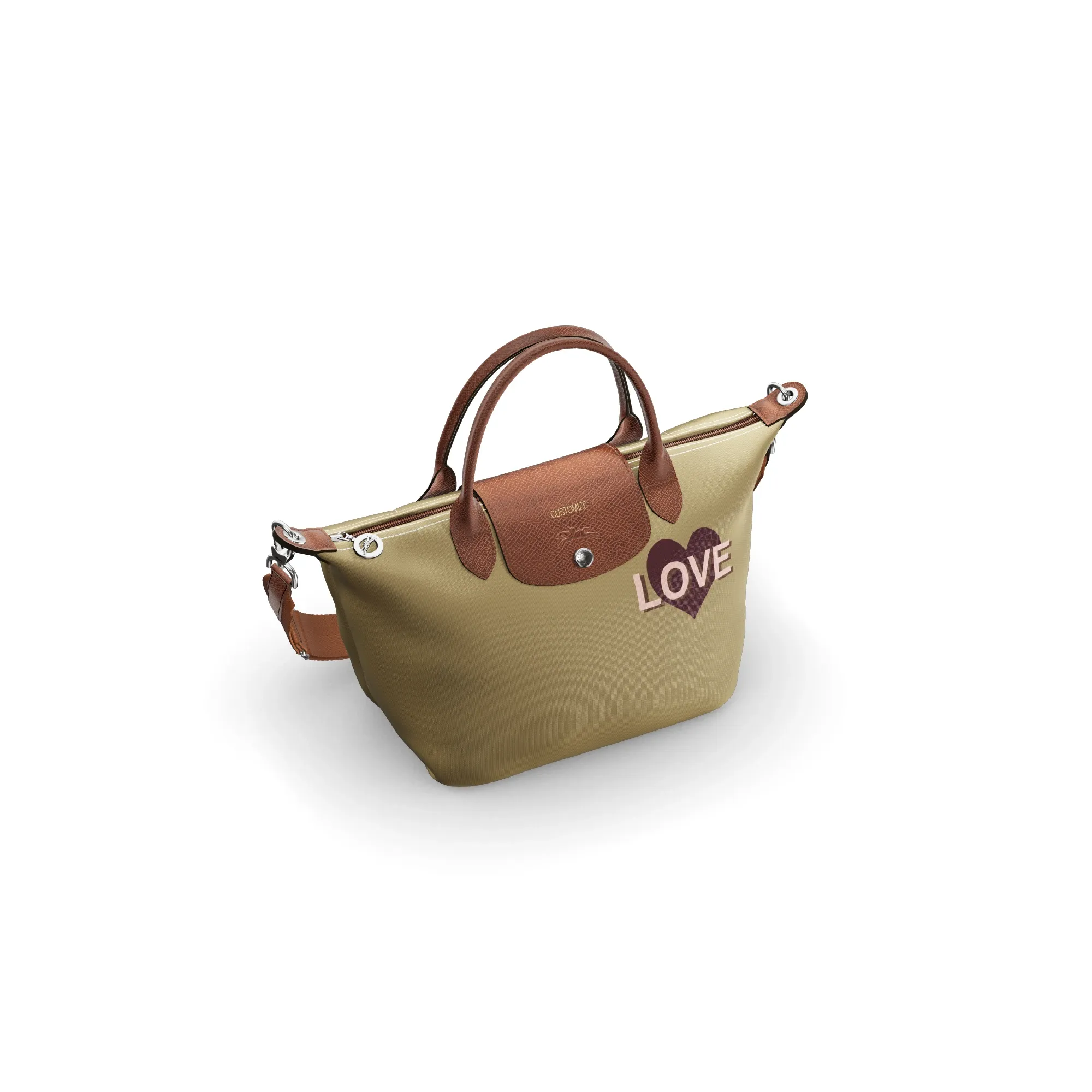 3D bag Longchamp Le Pliage with beige background with a small heart