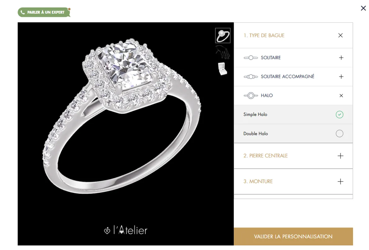 Configurateur 3D d'une bague Edenly en diamant avec un simple halo