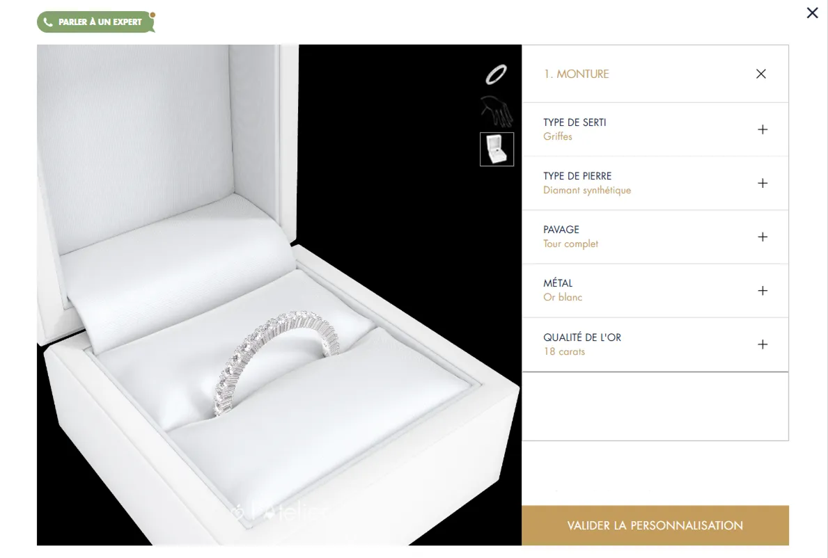 Vue du dessus d'une alliance en or blanc 18 carats serti de griffes avec un pavage en diamants synthétiques Edenly en 3D dans une boîte