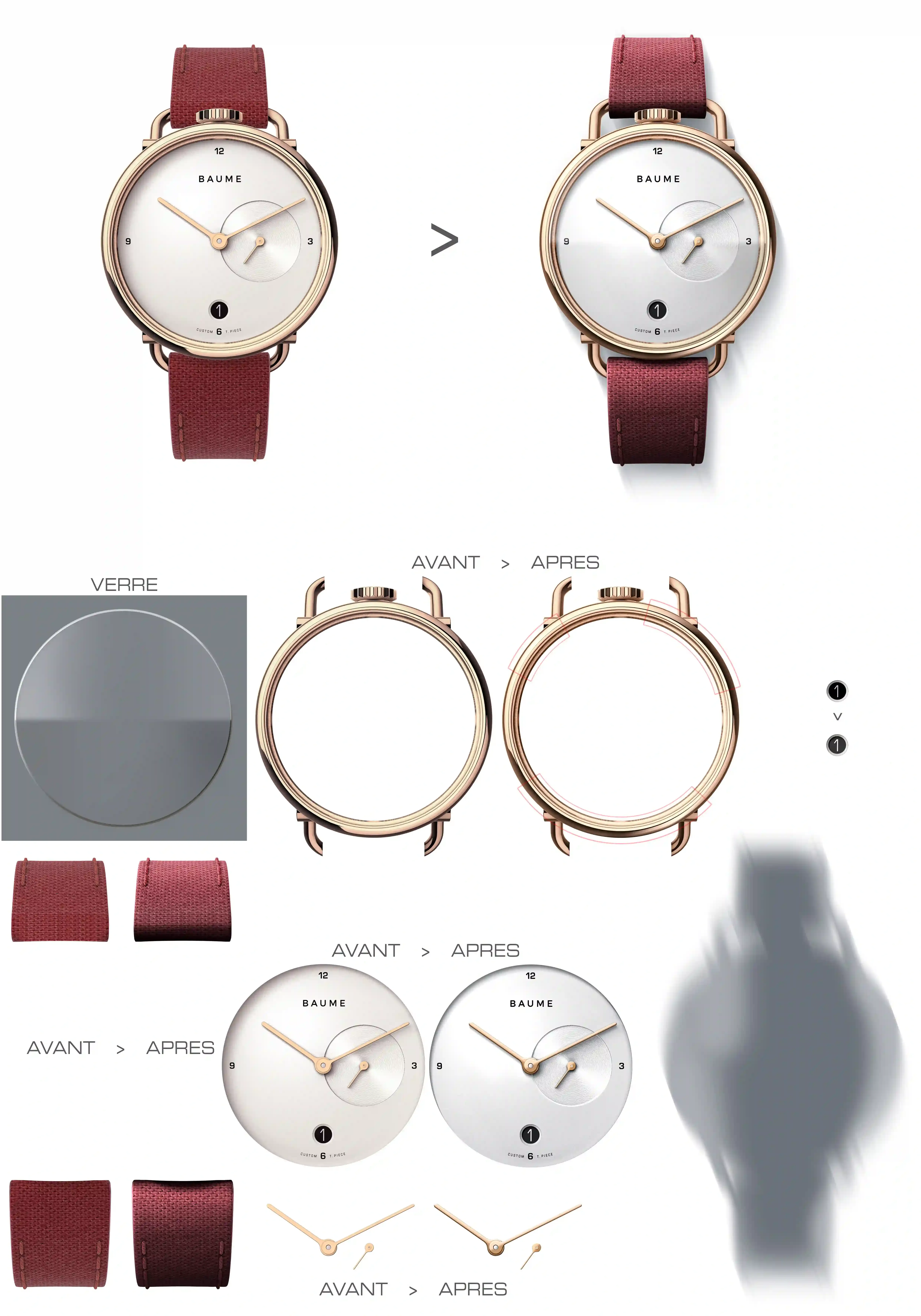 Elements d'une montre Baume en 3D