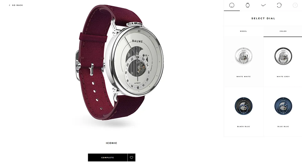 Vue de trois quarts de la montre James de Baume, cadran blanc et bracelet bordeaux en coton