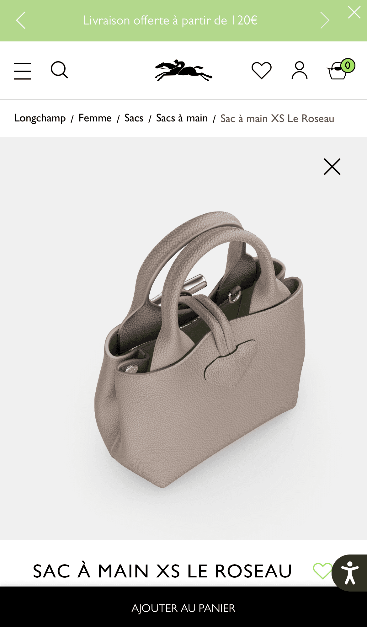 Page product of the 3D argileLe Roseau handbag by Longchamp, responsive