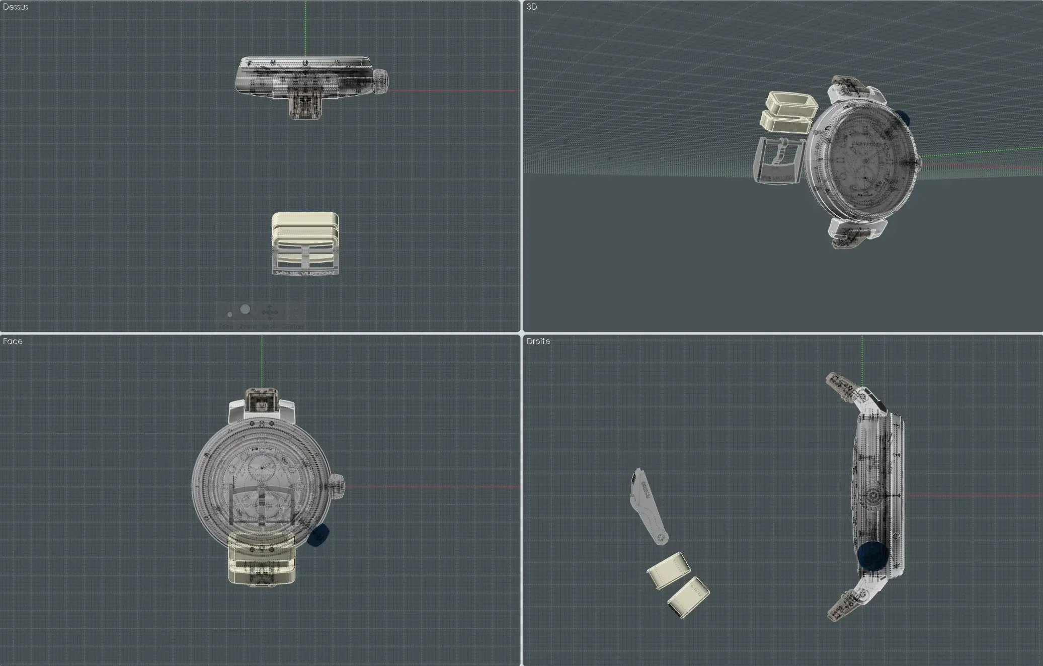 Quatres angles d'une CAO de la montre 3D Louis Vuitton Tambour Street Diver