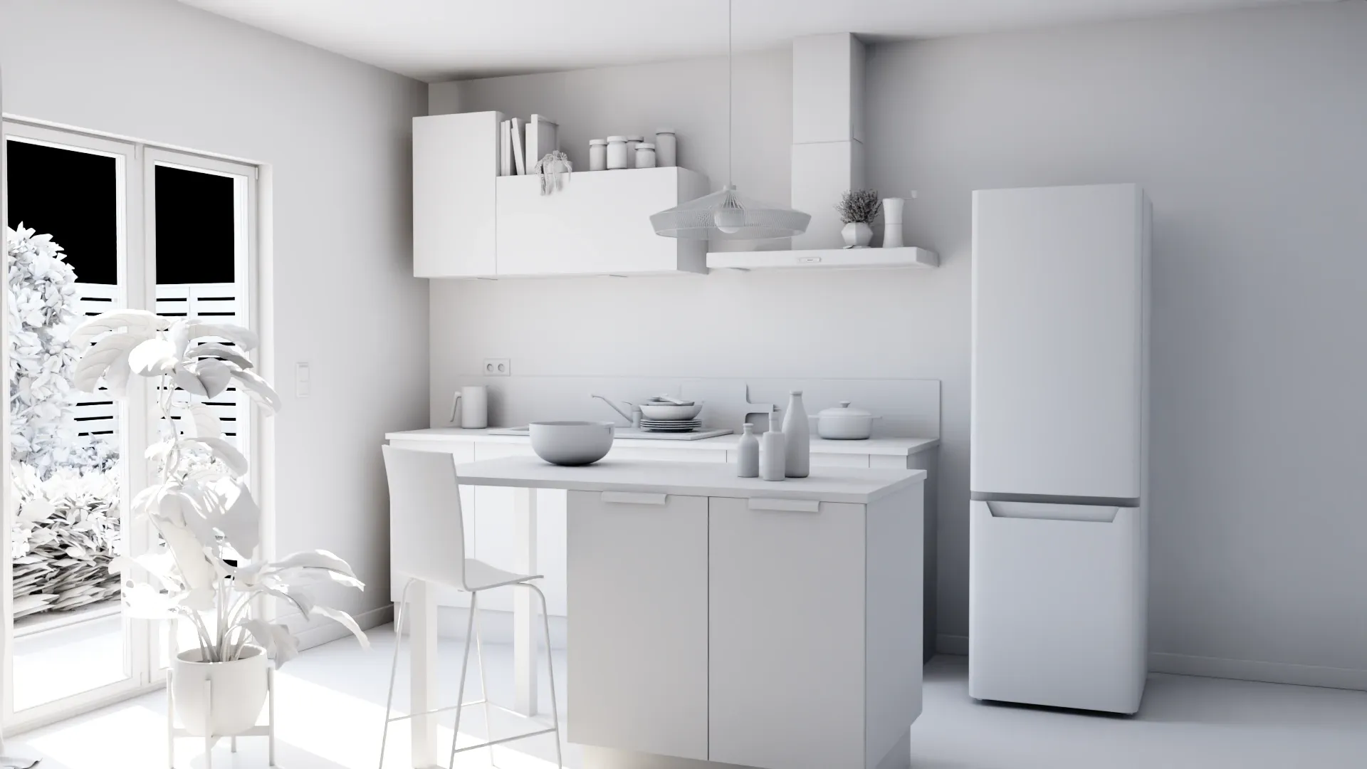 Clay render of a 3D Cuisinella kitchen