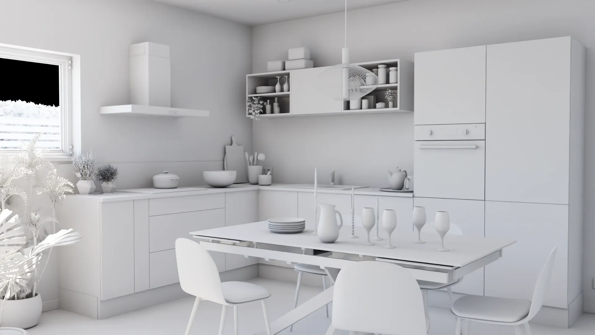 Clay render of a 3D l shape Cuisinella kitchen