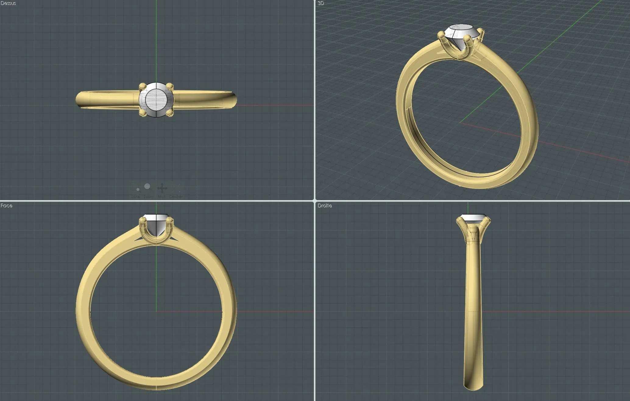Different views of a 3D Courbet solitaire ring with 4 prongs