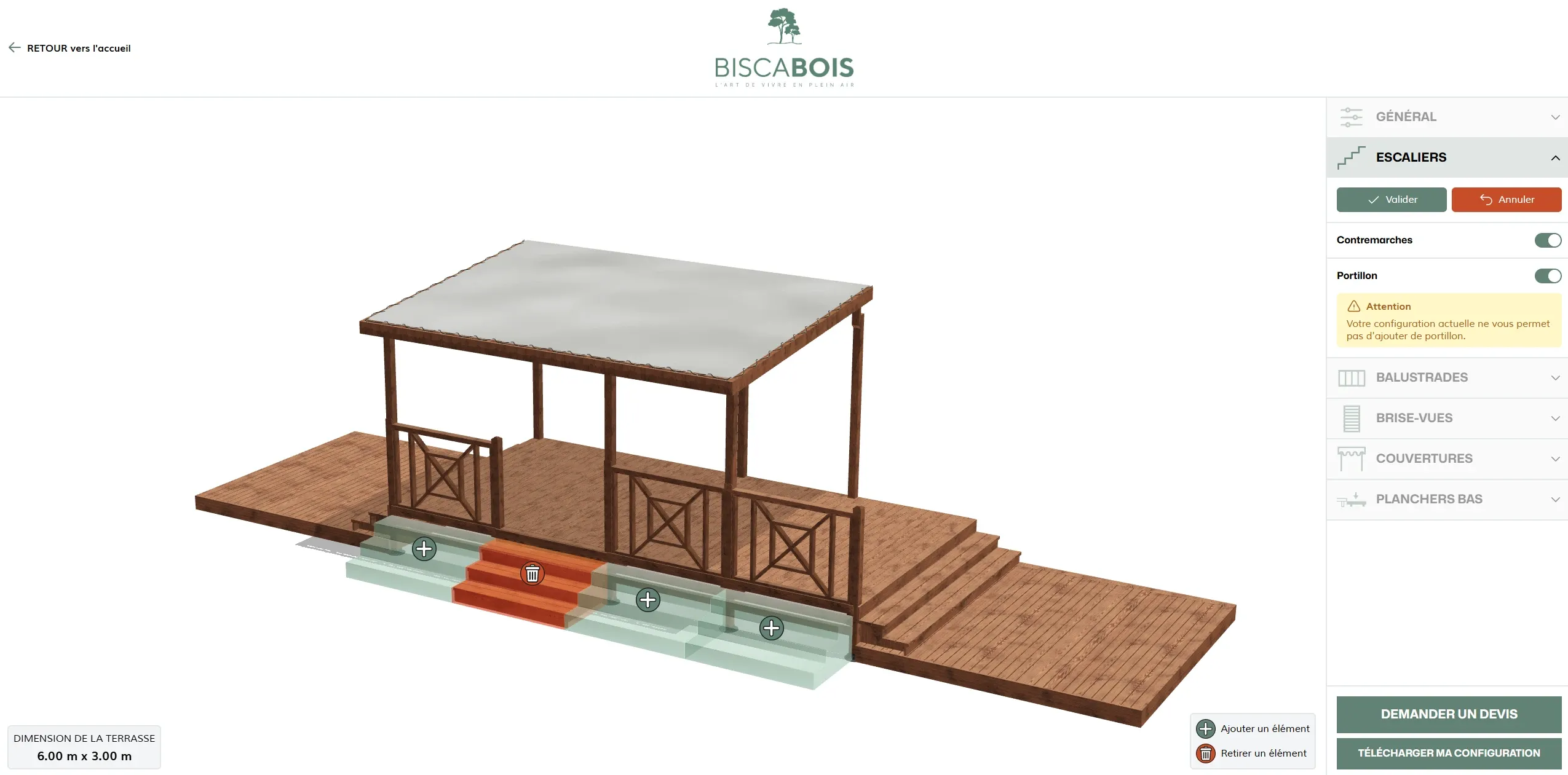 Page produit représentant un configurateur 3D de terrasse avec personnalisation de contremarches