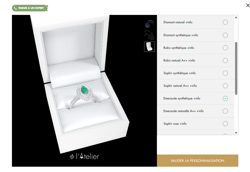 Top view of a lab-grown emerald ring in a box by Edenly