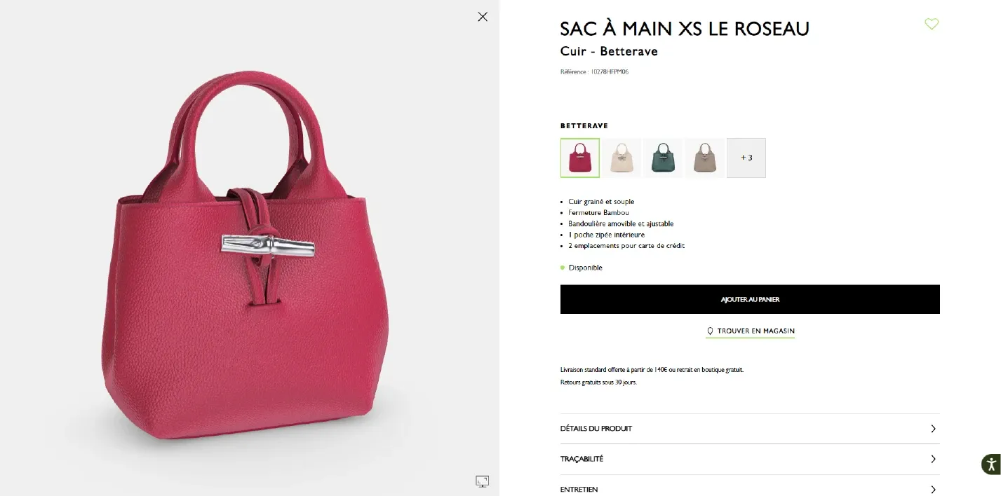Page product of the 3D beetroot Le Roseau handbag by Longchamp