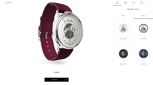 Three-quarter view of the James watch by Baume, white dial and bourgogne cotton bracelet