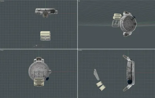 Four angles of a 3D CAD of the Louis Vuitton Tambour Street Diver watch