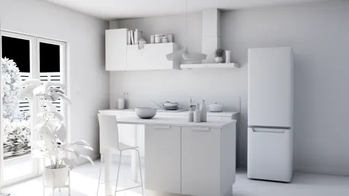 Clay render of a 3D Cuisinella kitchen
