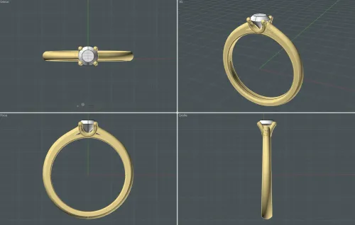 Différentes vues d'une bague solitaire 3D Courbet à 4 griffes