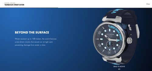 Three-quarter view of the Tambour Street Diver 3D interactive watch