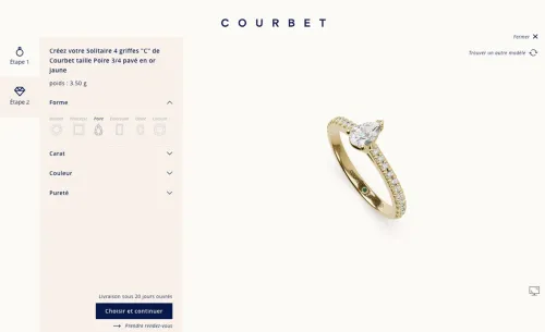 Vue trois quarts d'une bague solitaire 4 griffes de Courbet taille poire pavé en or jaune