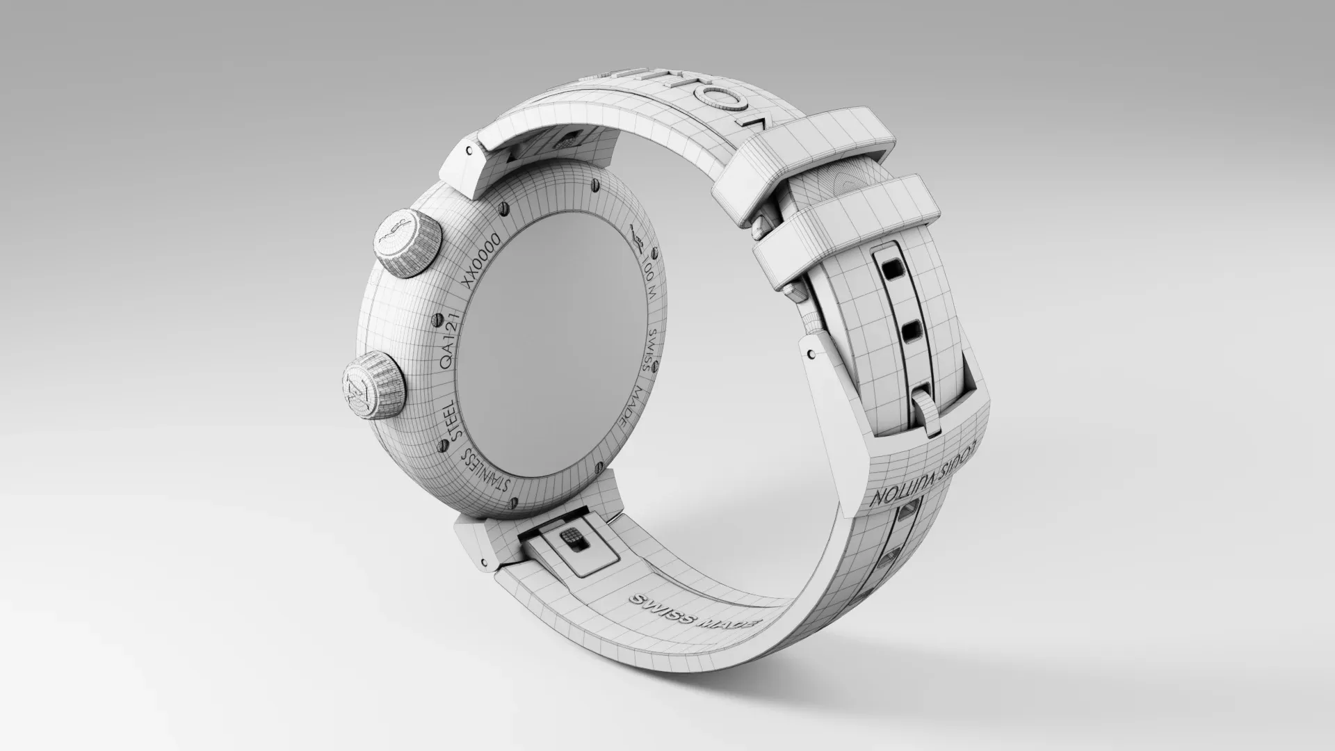 Three-quarter back view of the Louis Vuitton Tambour Street Diver watch 3D wireframe model