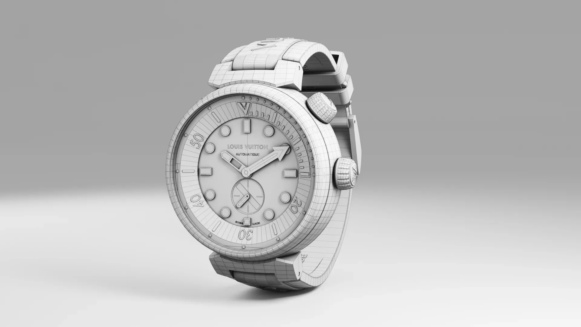 Vue trois quarts de dos de la maquette filaire de la montre Tambour Street Diver Louis Vuitton en 3D